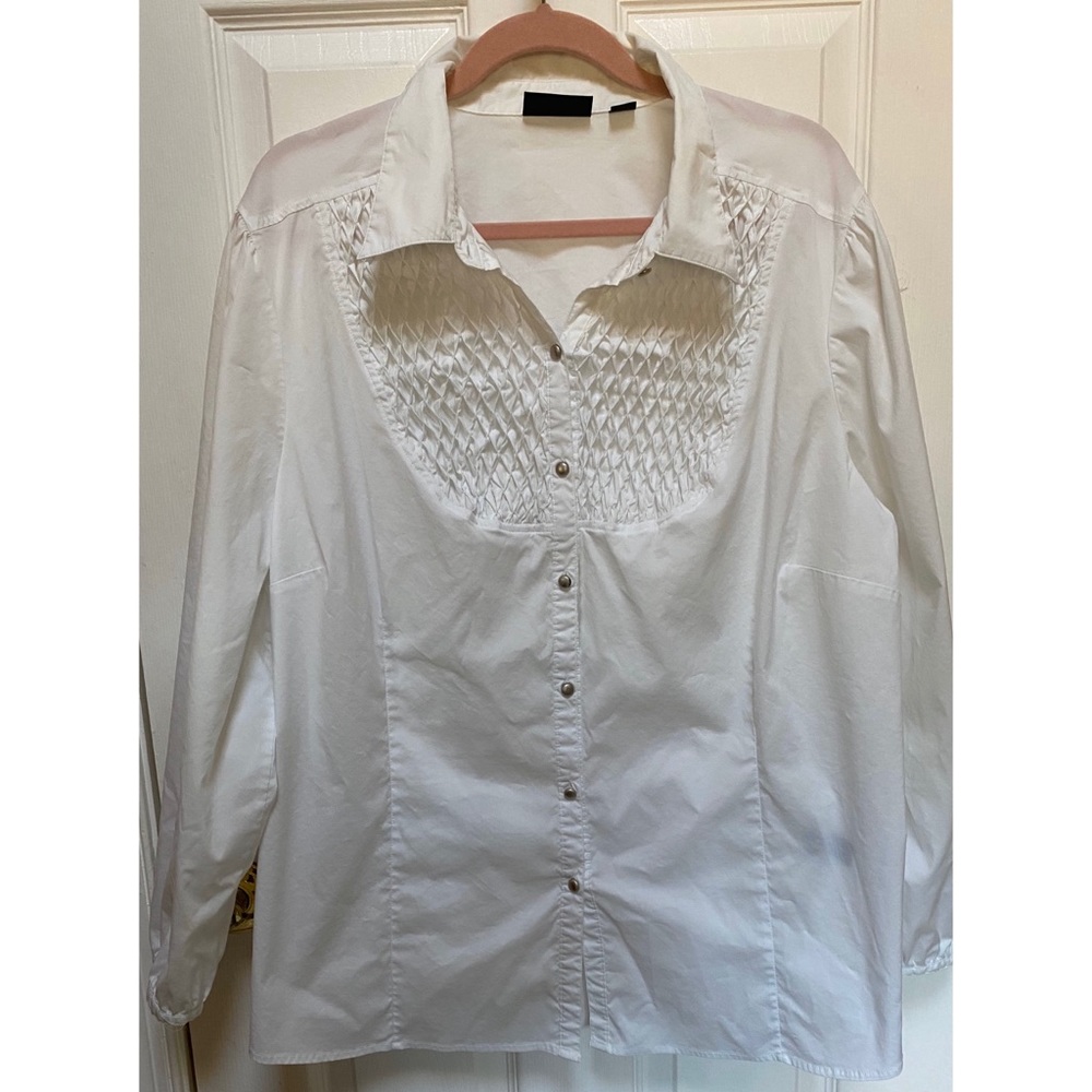 Avenue White Pleated Button Down Blouse